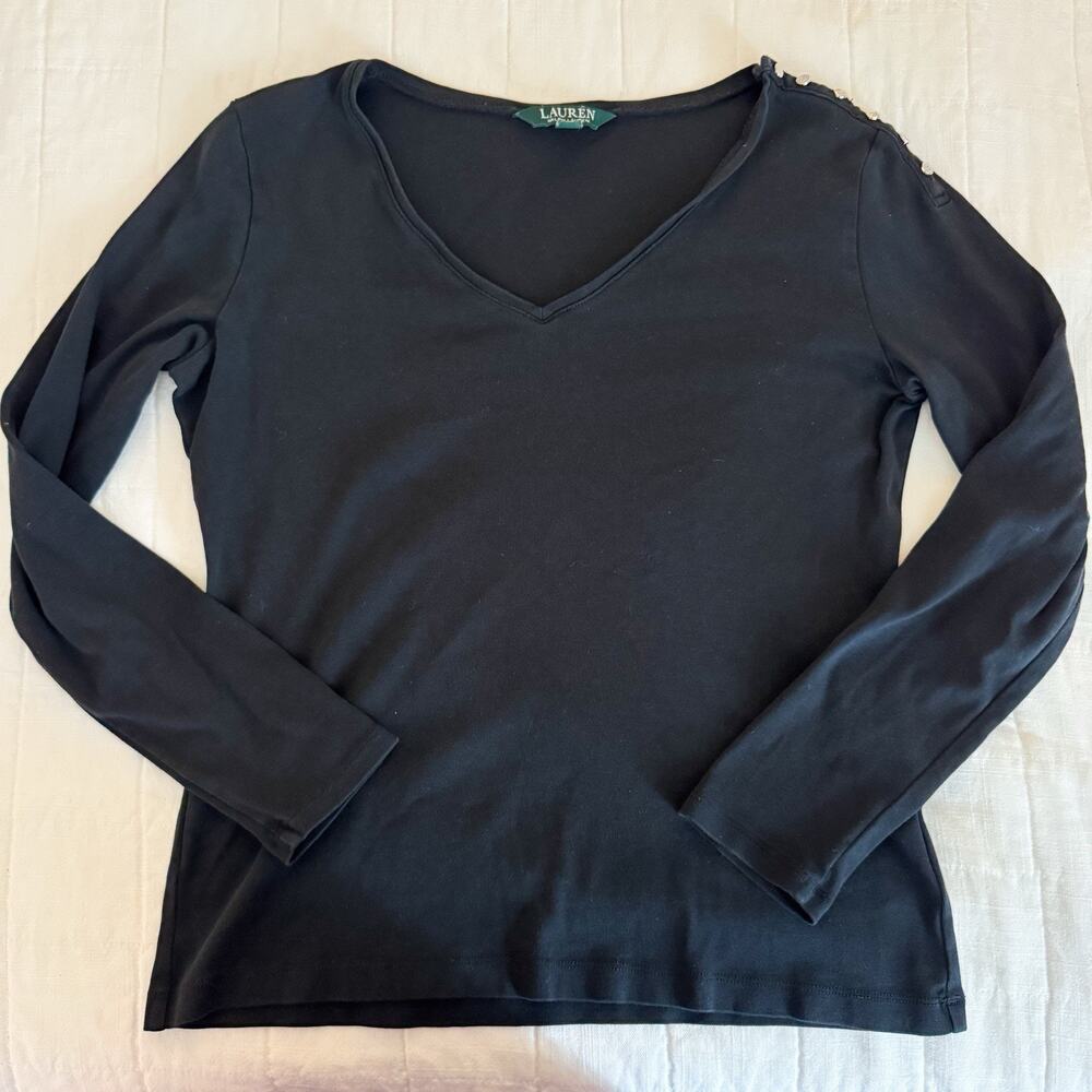 Lauren Ralph Lauren Women’s Long Sleeve V Neck LARGE- Black- Button Shoulder - Picture 7 of 8